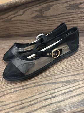 Women’s Black Mesh Mary Jane Flats with Gold Accent